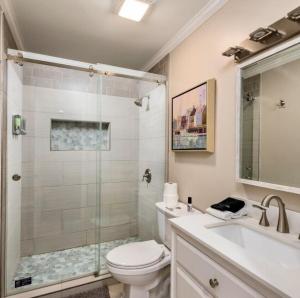a bathroom with a shower and a toilet and a sink at Pier Pleasure Retreat- Waterfront & Private Pier in Chester +38 photos