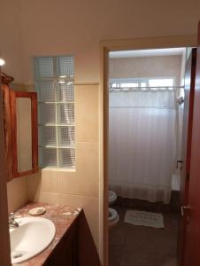 uma casa de banho com um lavatório e um chuveiro com um WC. em Socaire, tu refugio en Chascomús em Chascomús