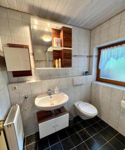 ein Badezimmer mit Waschbecken und Toilette in der Unterkunft Das Vogelnest in Rettenberg