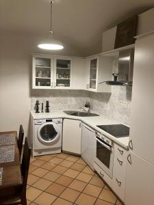 a kitchen with a sink and a washing machine at Prague Romantic Apartment near Charles Bridge in Prague
