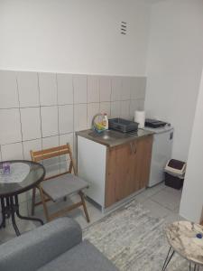 a kitchen with a counter and a table and a table at Stan Na Dan Stević in Niš