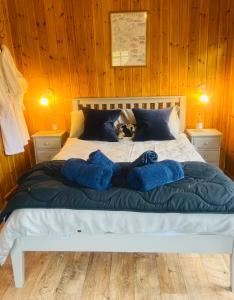 a bedroom with a large bed with blue pillows at Little Pink Cabin in Church End