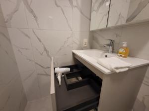 Un baño blanco con lavabo y espejo. en Studio lumineux Bruxelles, en Bruselas