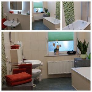 Fewo Mittags-Ruh في رايشنباخ إم فوغتلاند: ثلاث صور لحمام مع مغسلة وحوض استحمام
