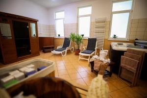 a bathroom with two chairs and a sink at Ricsika Panzió in Tornyospálca
