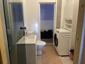 a bathroom with a toilet and a washing machine at Villa Repovesi in Hillosensalmi +49 photos