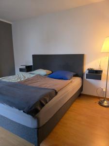 a large bed in a room with a lamp at Steinlisonne in Möhlin