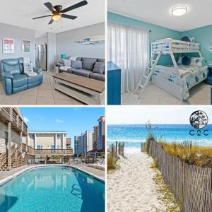 un collage di quattro foto di una casa sulla spiaggia di 2BR Retreat with Pool, Near Beach and The Hangout a Gulf Shores