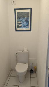a bathroom with a toilet with a picture on the wall at Appartement T2, RDJ, 2 étoiles, Vue mer panoramique, Côte de Granit Rose in Perros-Guirec +12 photos