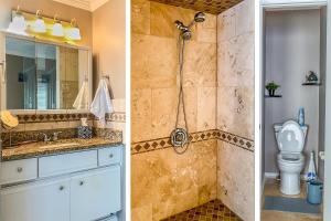 two pictures of a bathroom with a shower and a toilet at Waterfront Home, Short Walk to Beach, Deck/Balcony in Navarre +52 photos