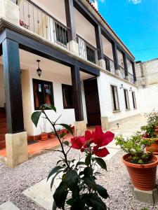a house with a red flower in front of it at Casa Ana Xela in Quetzaltenango