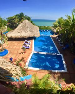 une piscine avec un parasol en paille et des chaises longues, et l'océan dans l'établissement Rancho de Chana Perla Salina, à Flandes