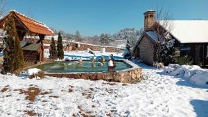 a snow covered yard with a pool in front of a house at Kuća sa bazenom Sarajevo - Lavanda Estate in Sarajevo