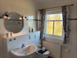 a bathroom with a sink and a mirror and a toilet at gemütliche Doppelhaushälfte in Burhave in Burhave +17 photos