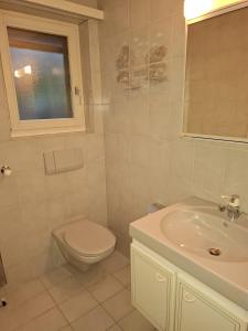 a white bathroom with a toilet and a sink at Wohnung mit Herz in Schwyz +7 photos