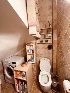 a small bathroom with a toilet and a washing machine at Golden Sea View -Thasos House in Skala Potamias