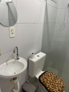 un bagno con lavandino, WC e specchio di Apartamento para o carnaval cris a Salvador Altre 2 foto