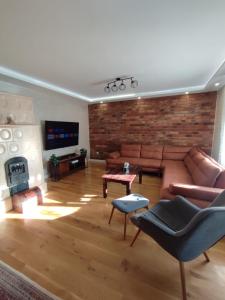 a living room with a couch and a fireplace at ANDRIJIN stan in Cerić