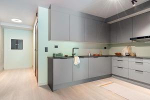 a kitchen with gray cabinets and a counter top at Modern apartment with a view and parking in Tromsø
