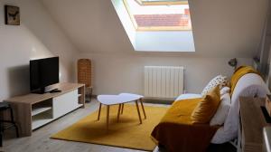 a living room with a couch and a tv at Les Nids de Montluçon in Montluçon