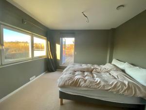 a bedroom with a bed and two windows at Villa Kristiania in Oslo