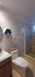 a bathroom with a white toilet and a shower at Rincón de Cielo in Tongoy +15 photos
