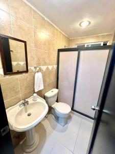 ein Badezimmer mit Waschbecken, Toilette und Dusche in der Unterkunft Departamento Rosedal 1 in Oaxtepec