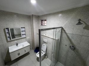 een badkamer met een douche, een toilet en een wastafel bij Mobile doctors apartment in Accra