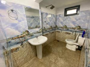 a bathroom with a sink and a toilet at Shans Villa in Trincomalee