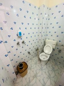 een badkamer met een toilet en een betegelde muur bij Swati Heritage Homes in Varanasi