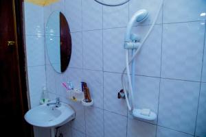 a bathroom with a sink and a shower at Cozy Studio Apartment Makindye in Kampala
