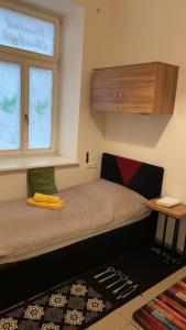 mała sypialnia z łóżkiem i oknem w obiekcie Elisabeth Hostel w Wiedniu