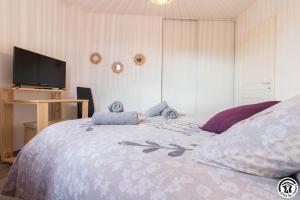 une chambre avec un lit et une télévision à écran plat dans l'établissement Les Villas de Castel - Villa Les lauriers, à Castelmaurou