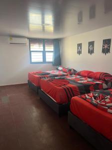 ein Zimmer mit vier in einer Reihe aufgestellten Betten in der Unterkunft Hostal Piratas de Santa Marta in Santa Marta