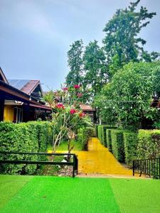 un parc avec un banc, une pelouse verte et des buissons dans l'établissement Lanta For Rest Boutique, à Ko Lanta