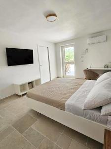 een slaapkamer met een groot bed en een flatscreen-tv bij Le Carrube Rooms in Peschici