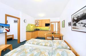 ein Wohnzimmer mit einem Bett und einer Küche in der Unterkunft Apartment Bílé Labe 38 in Špindlerův Mlýn