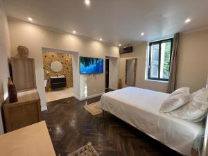 a bedroom with a bed and a flat screen tv at Mas Beauregard in Anduze
