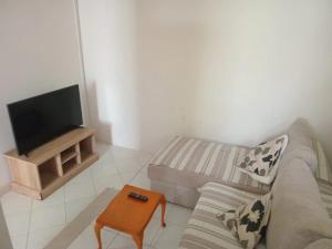 a living room with a couch and a tv at Cosey flat Perybere in Grand Baie