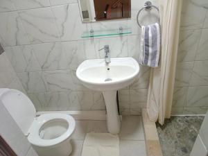 a white bathroom with a toilet and a sink at Cosey flat Perybere in Grand Baie +9 photos