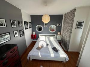 Ένα ή περισσότερα κρεβάτια σε δωμάτιο στο Rouen ECO LODGES maison entière avec terrasse dans jardin potager piscine parking