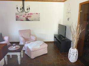a living room with a couch and a tv at 10 Bett Ferienwohnung Sonnenblume in Wengenroth