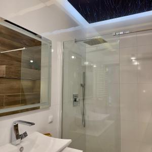 łazienka z prysznicem i umywalką w obiekcie Lux Garden Apartment w Kołobrzegu