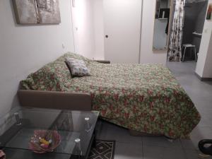 a bedroom with a bed with a green blanket at Magistic Handi in Perpignan