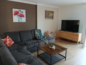 un salon avec un canapé et une table basse dans l'établissement Fewo Gartenblick Altlußheim - Netflix- parken - Küche - Klimaanlage - Shuttle zum Hockenheimring, à Altlußheim