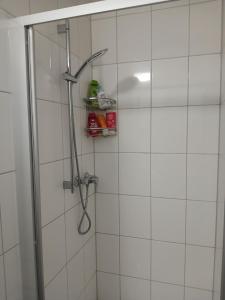 une douche avec pommeau de douche dans une salle de bain dans l'établissement Fewo Gartenblick Altlußheim - Netflix- parken - Küche - Klimaanlage - Shuttle zum Hockenheimring, à Altlußheim 8 autres photos