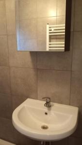 a white sink in a bathroom with a mirror at Veluwepark Reewold #Chalet Buizerd# tussen het bosrijke Putten en Garderen in Putten +22 photos