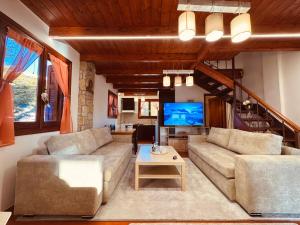 a living room with two couches and a tv at Snow Captain in Arachova