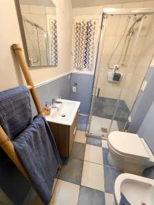 a bathroom with a shower and a toilet and a sink at La casa gialla in Campobasso