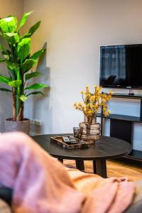 a living room with a coffee table and a tv at Vakantiewoning Plantage 40 in Bruinisse +7 photos